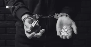 Drug Possession Penalties in Texas image showing handcuffs, pills, and cash